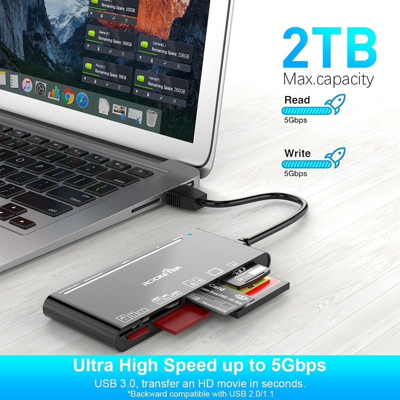 Rocketek USB 3.0 SD Card Reader, 7-in-1 Multi Memory Card Reader for SD SDXC SDHC Micro SD CF MS MMC Camera Memory Card XD Card Reader, Plug and Play Simultaneously Read/Writer(5Gbps) for Mac OS, Windows - Image 3